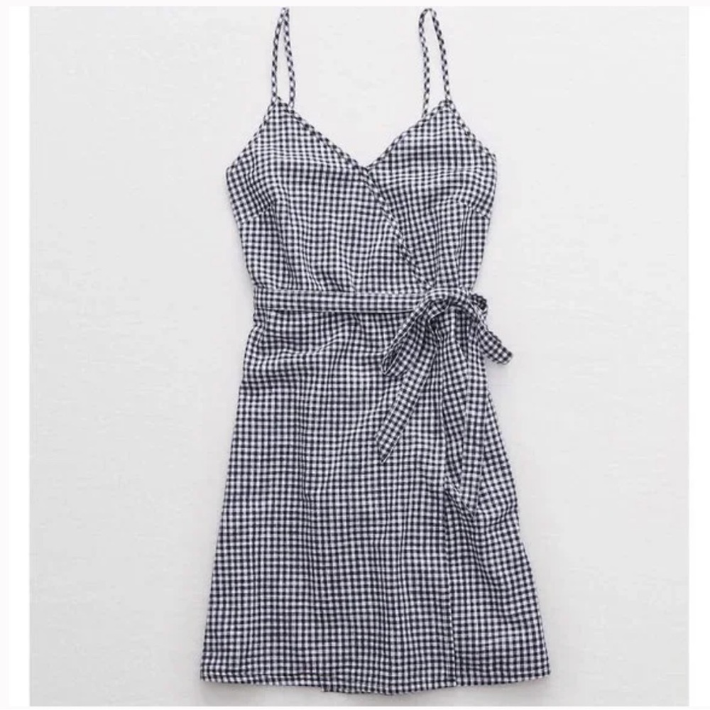 Aerie Navy & white Mini Gingham print wrap 100% cotton dress . Size Xs